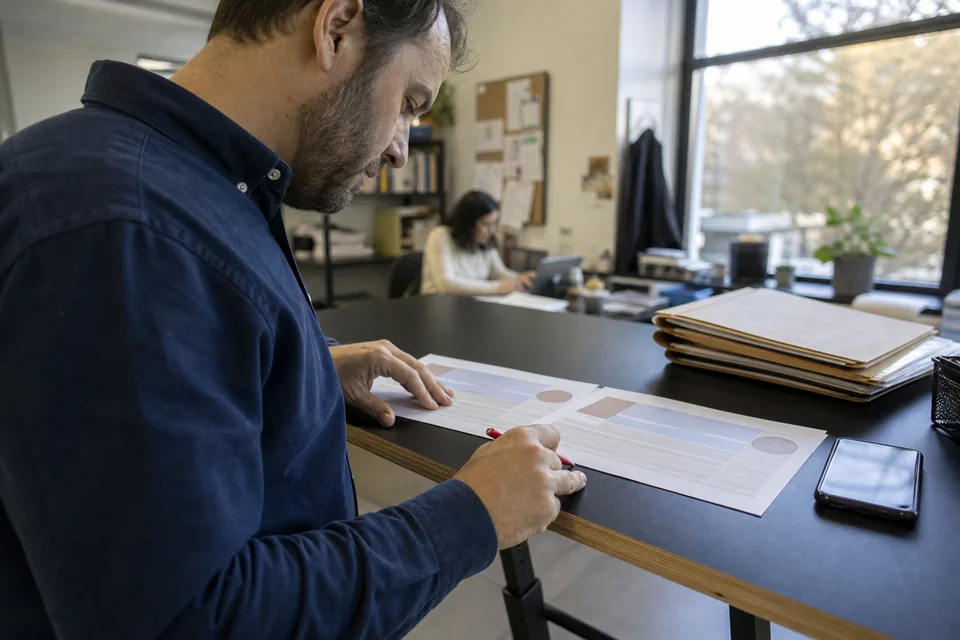Agency operations manager circling a figure on one of two printed vendor price sheets