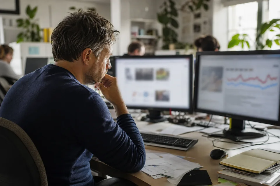 Email marketer at a desk comparing two screens while choosing a deliverability tool