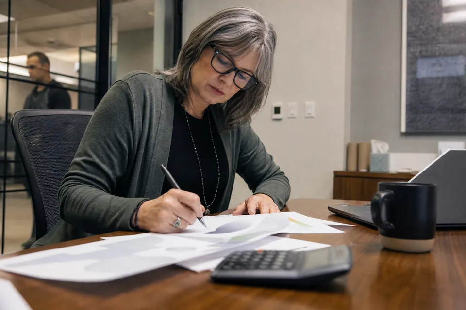 IT director marking up a printed software quote with a pen at her desk