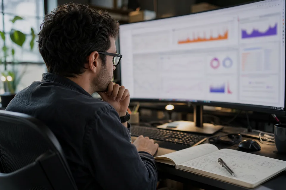 Analyst reviewing deliverability charts on an ultrawide monitor with DNS notes beside the keyboard