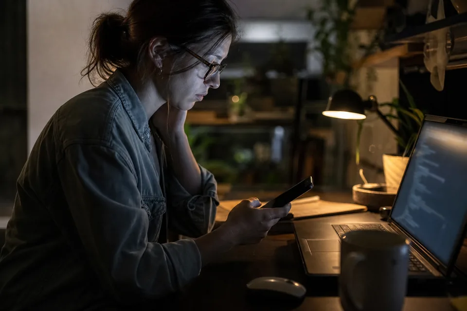 Developer on call reading an alert on a phone next to a laptop at night