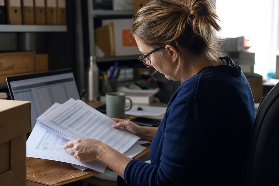 Analyst studying aggregate report tables on paper and laptop