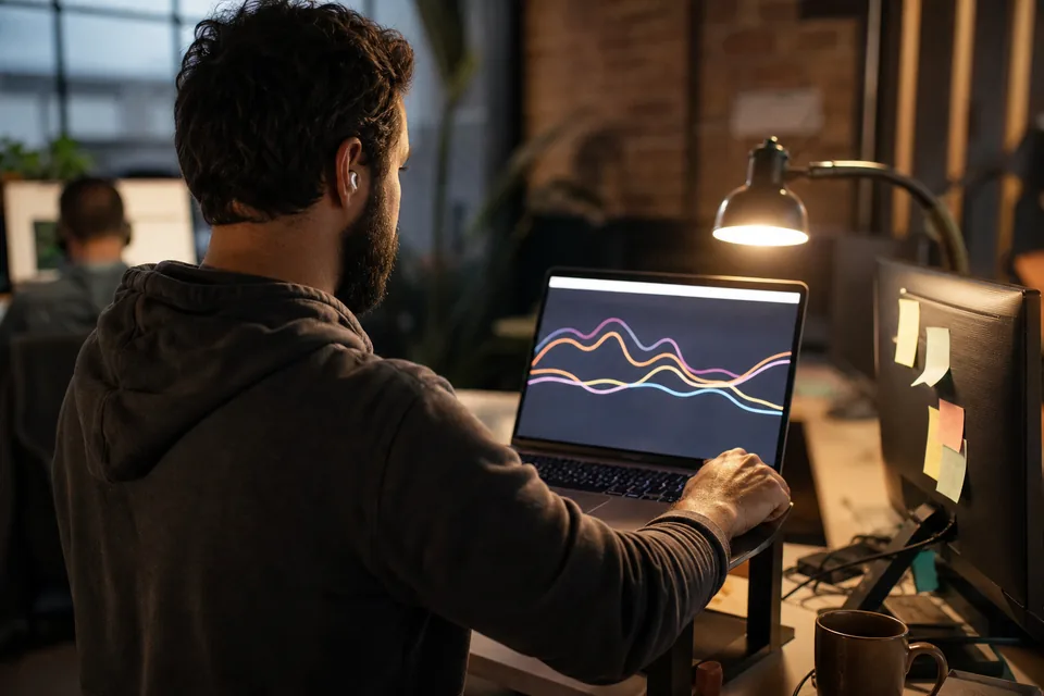 Email operations engineer at a standing desk reviewing a chart of sending sources in the evening