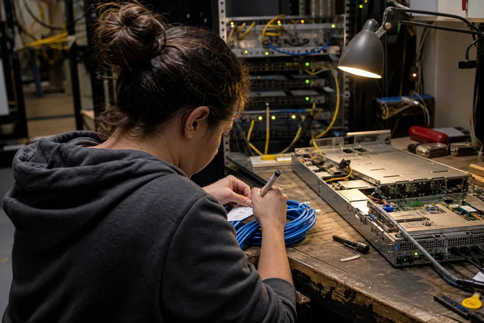 Network engineer patching a cable into a rack switch in a hosting data center aisle